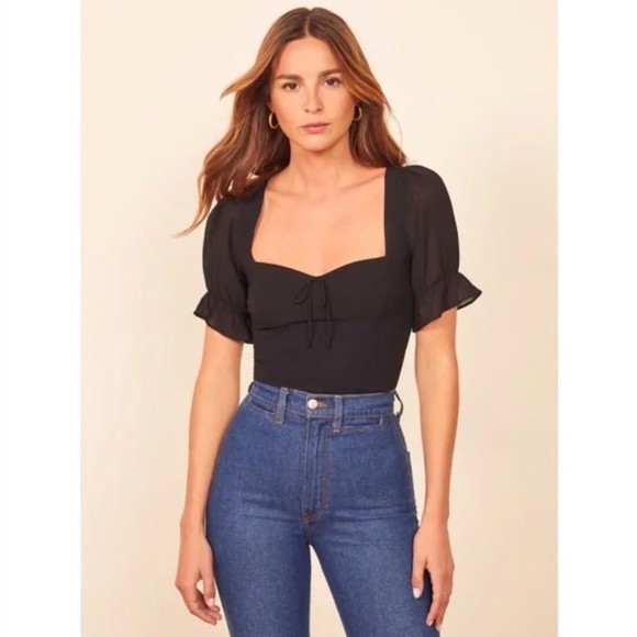 Reformation Tops - NEW Reformation Delevan Smocked Ruffle Top in Black Viscose 8